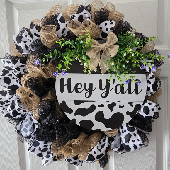 Rustic Cow Print Wreath with Burlap and Greenery - Picture 8 of 9